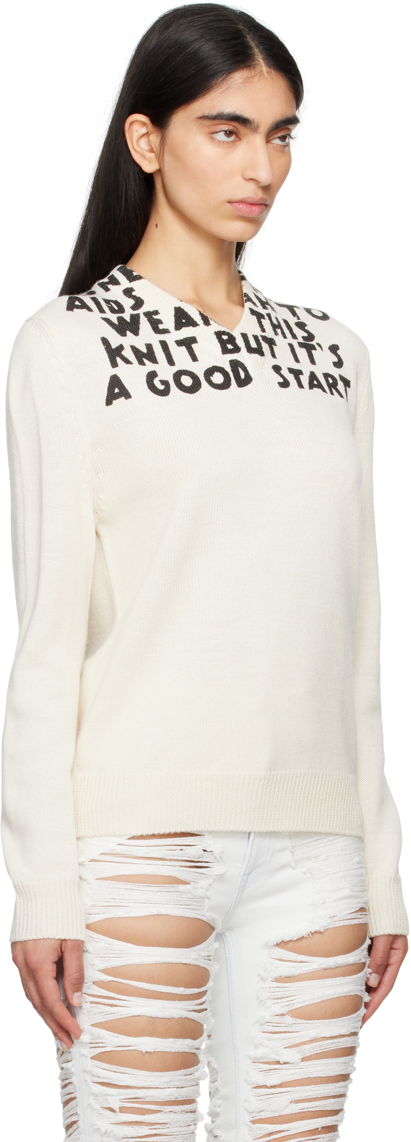 Sweater Maison Margiela MM6 Maison Margiela SIDA Print V-Neck Sweater Vit | S62HN0005 M13122, 1