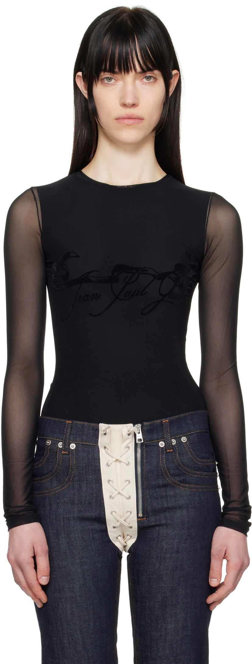 Kropp Jean Paul Gaultier Jean Paul Gaultier Flocked Tattoo Ruban Mesh Long Sleeve T-Shirt Svart | 25/34-F-TO281I-T005-00