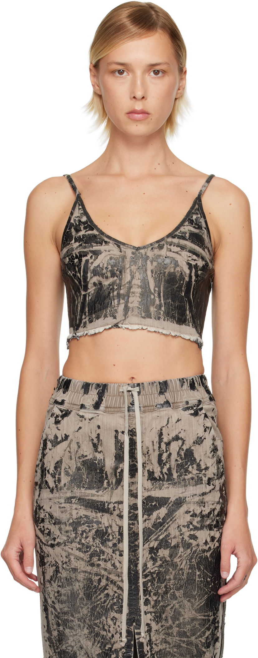 Crop top Rick Owens Rick Owens DRKSHDW Concordians Marbled Coated Denim Frayed Hem Crop Top Flerfärgad | DS02E7132 SDWF
