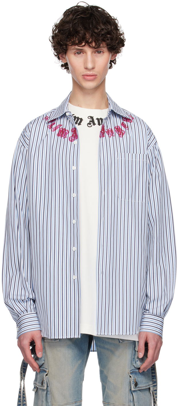 Skjorta Palm Angels Blue Striped Shirt Blå | PMGE024F24FAB0014532