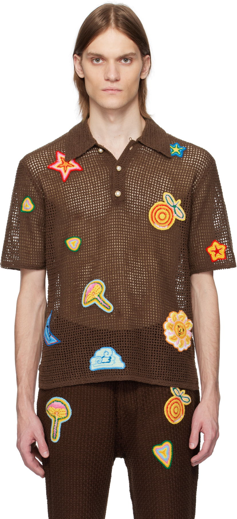 Polotröja Casablanca Casablanca Crochet Appliqué Polo Brun | MS25-KW-914-01