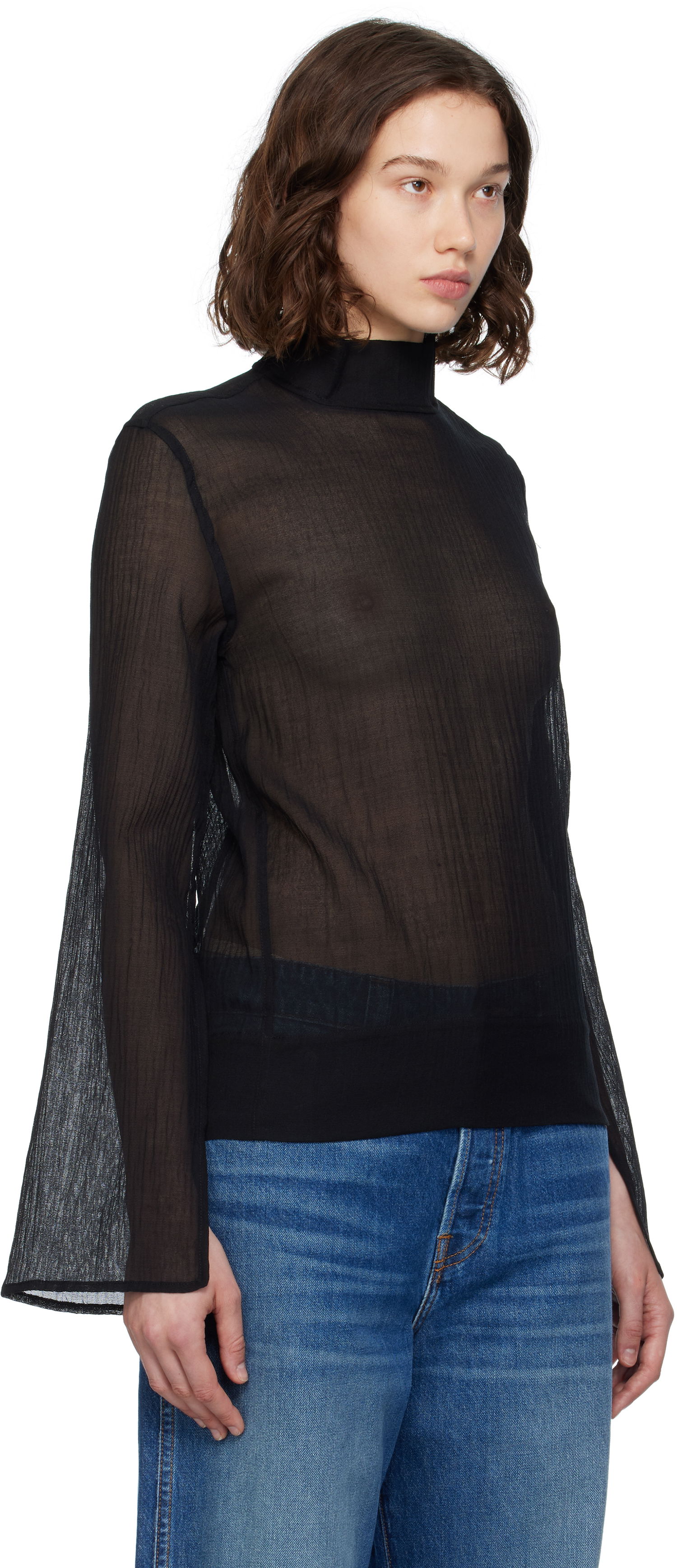 Skjorta TOTEME TOTEME Slit Sleeve Mock Neck Blouse Svart | 253-WRT0546-FB0462, 1