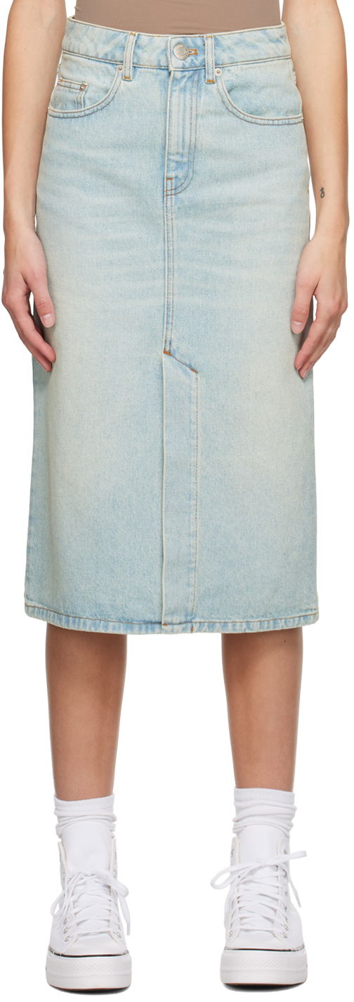 Kjol AMI AMI Paris Faded Denim Midi Skirt Turkos | FSK211.DE0002
