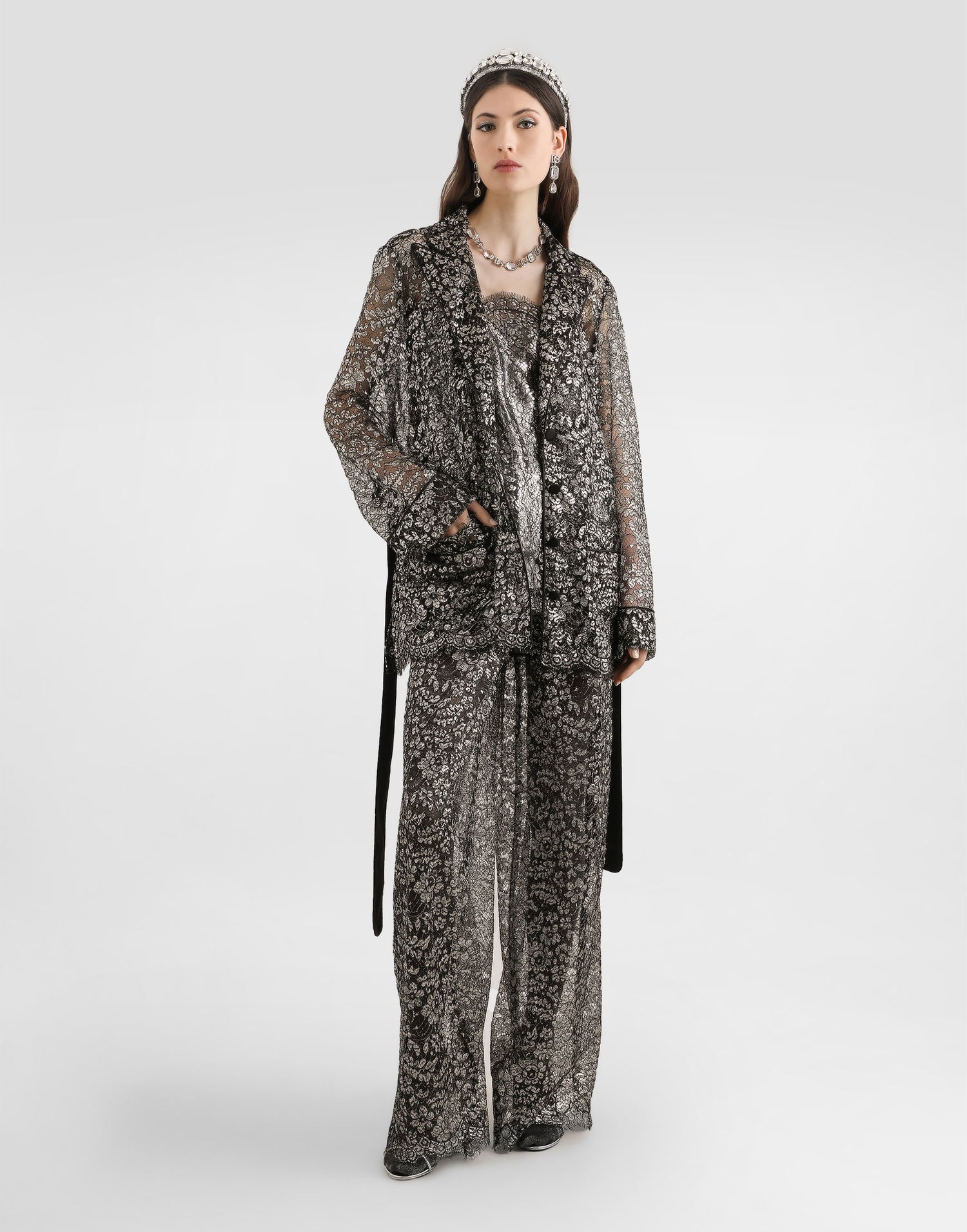 Linne Dolce & Gabbana Lamé Lace Top Metallisk | F7BJ1TILMCFS0998, 1