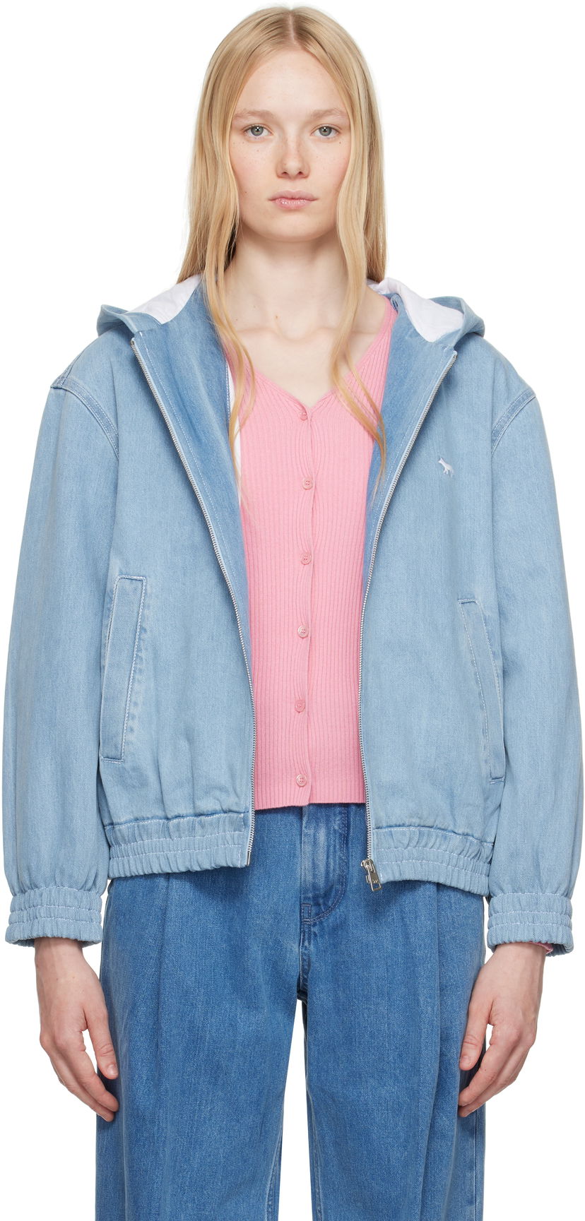 Jacka MAISON KITSUNÉ Maison Kitsuné Zipped Hooded Denim Jacket Blå | OW02103WD4010