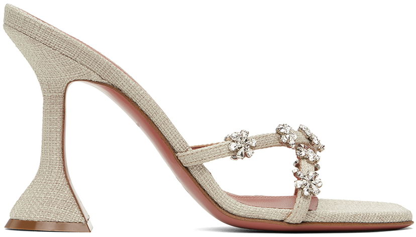 Tillbehör Amina Muaddi Amina Muaddi Lily 95 Heeled Sandals Beige | LILY SLIPPER 95 CL CANVAS