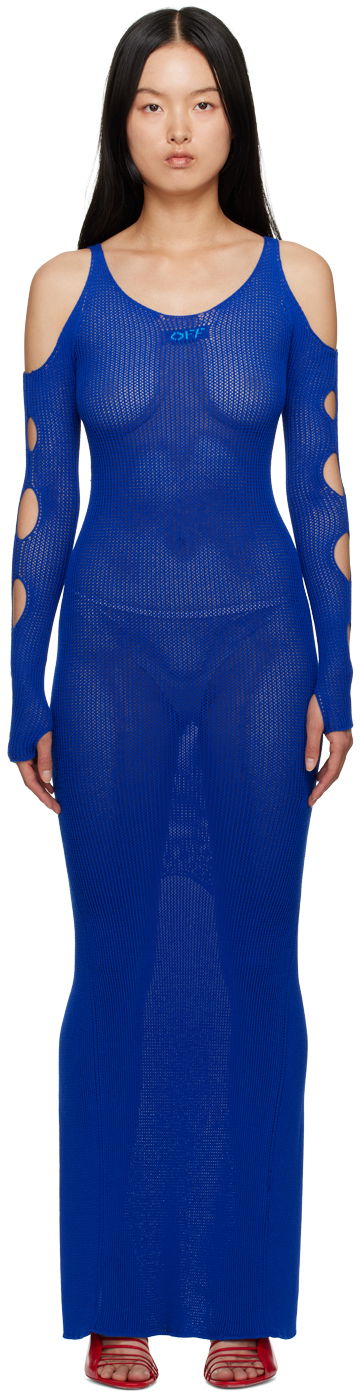 Klä Off-White Blue Hole Net Maxi Dress Mörkblå | OWHI087S23KNI0014540