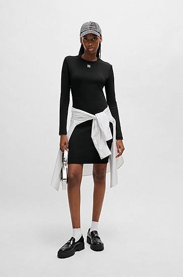 Klä BOSS HUGO Ribbed Stretch Dress with Stacked Logo Svart | 50518385, 1