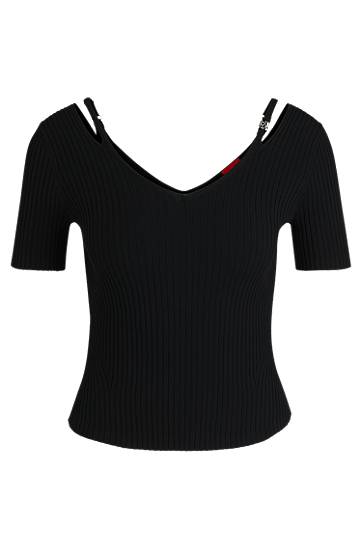 Sweater BOSS Ribbed Knit Top with Cutout Shoulders Svart | 50538223