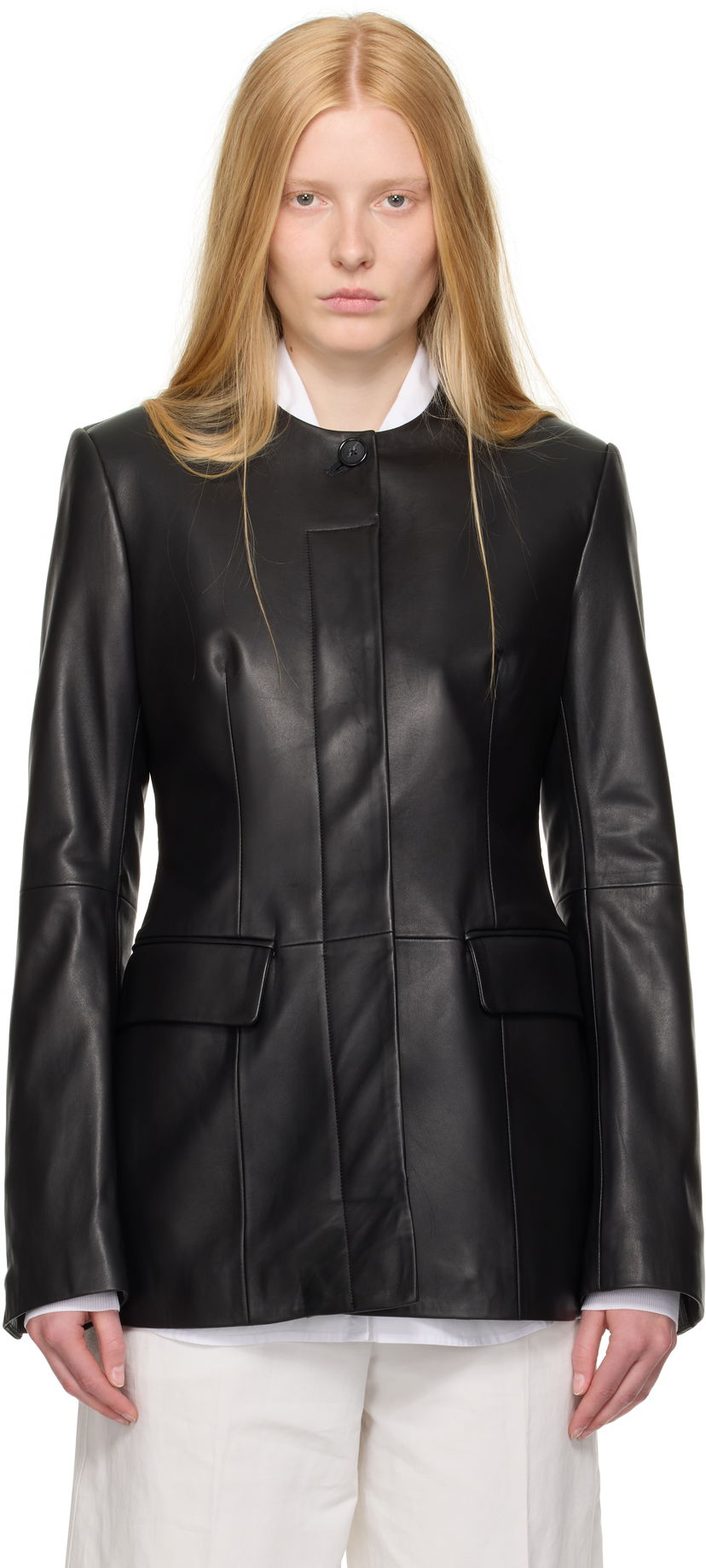 Jacka TOTEME TOTEME Collarless Leather Jacket Svart | 252-WRO0192-LE0127