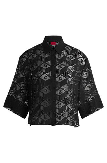 Skjorta BOSS HUGO Regular-Fit Chiffon Blouse with All-Over Logo Print Svart | 50538733