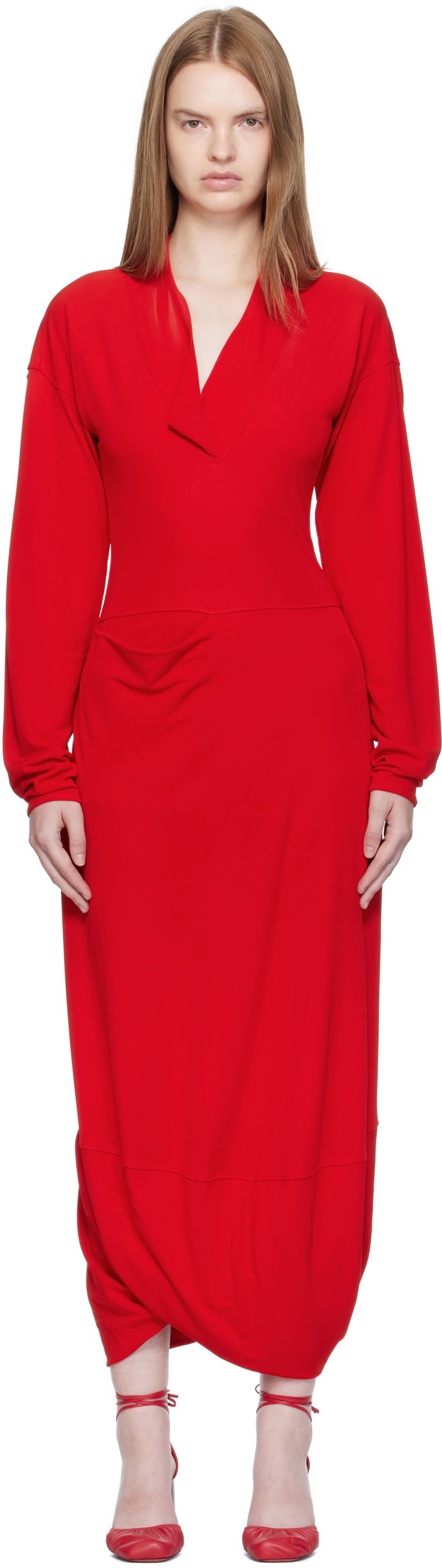 Klä LEMAIRE LEMAIRE V Neck Maxi Dress Röd | DR1127 LJ1040