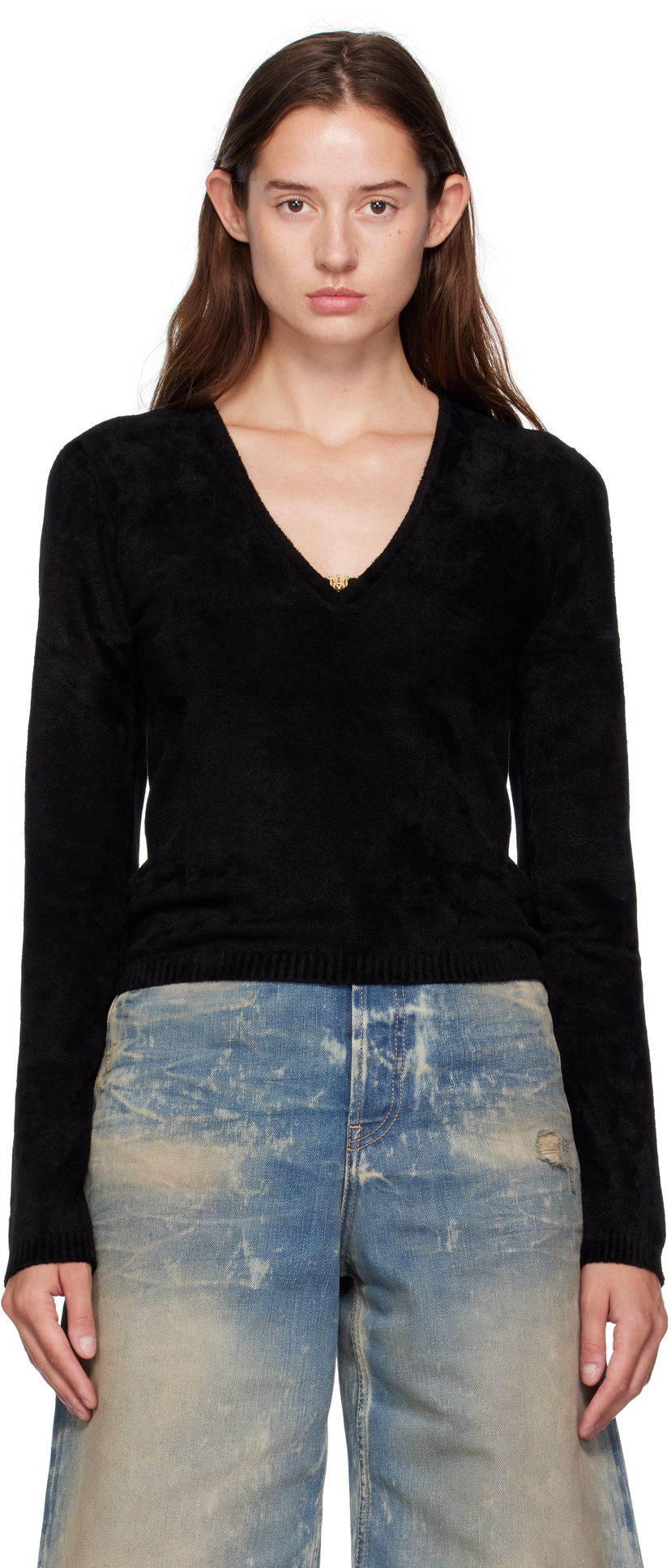 Sweater AMIRI AMIRI Velvet V-Neck Long Sleeve Top Svart | AWKNLS1008