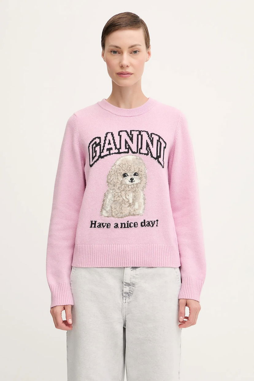 Sweater GANNI GANNI Graphic Wool Mix Poodle Sweater Rosa | K2499