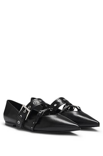 Kläder och accessoarer BOSS Nappa Leather Ballerina Pumps with Buckled Straps Svart | 50536400