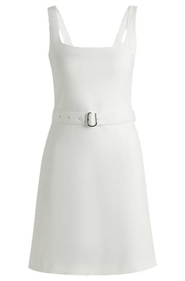 Klä BOSS Square Neck Belted A-Line Dress Vit | 50537631