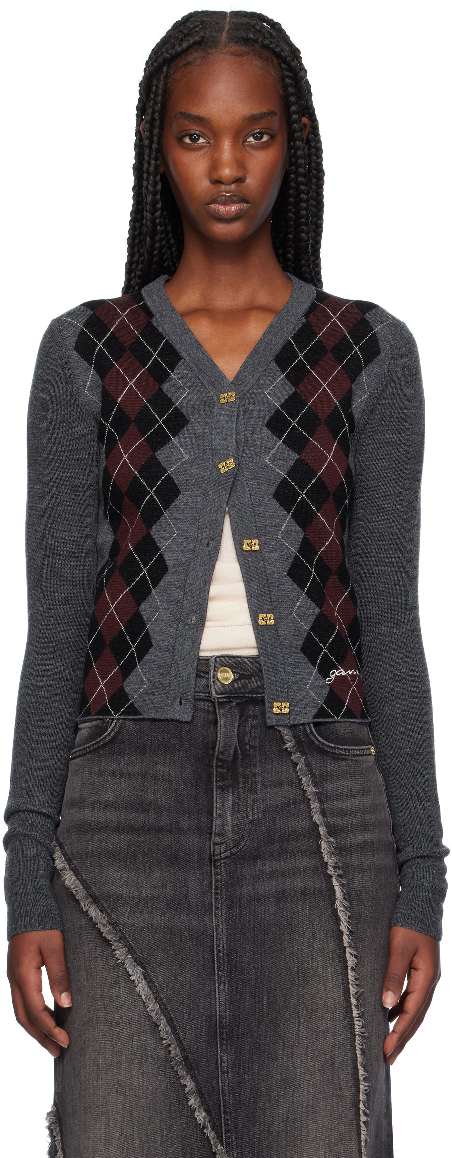 Sweater GANNI Argyle Jacquard Knit Cardigan Grå | K2284, 0