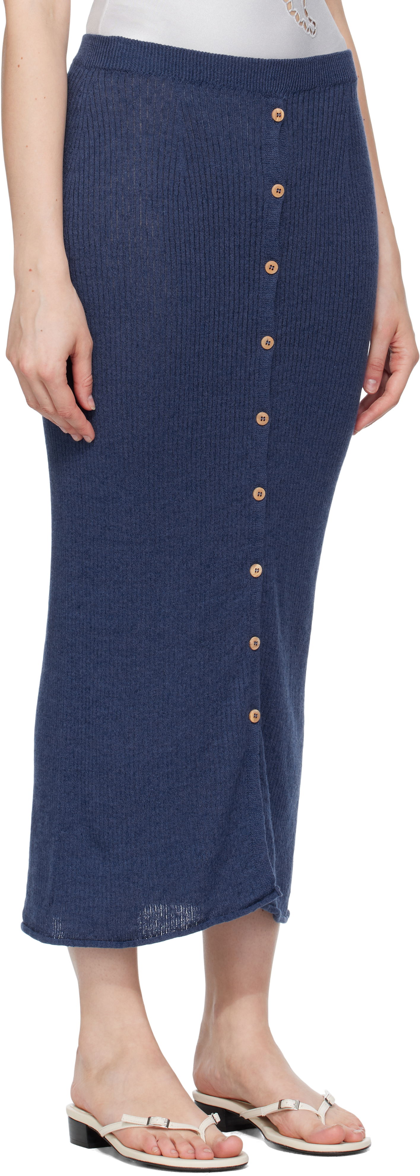 Kjol Baserange Baserange Ribbed Knit Midi Skirt with Button Closure Mörkblå | SKDR-LI-SU25, 1