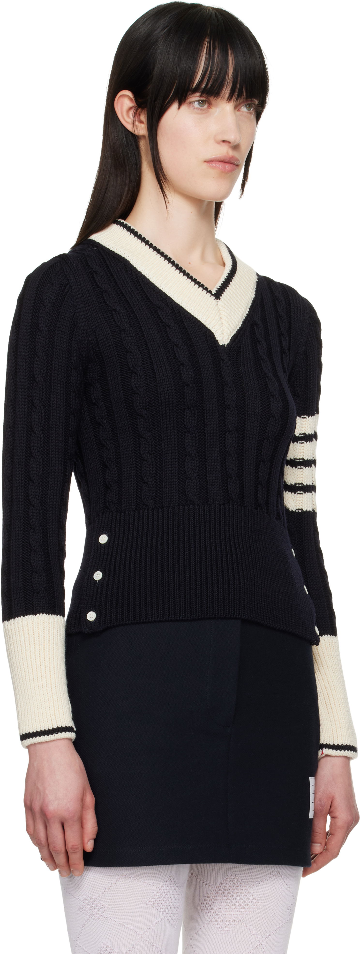 Sweater Thom Browne Thom Browne Classic Merino Wool V-Neck Sweater Mörkblå | FKA484A-Y1024, 1