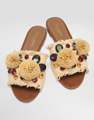Tillbehör Dolce & Gabbana Dolce & Gabbana Braided Fringed Raffia Slide Sandals with Pompoms and Jewels Beige | CQ0648AM4478B139, 3