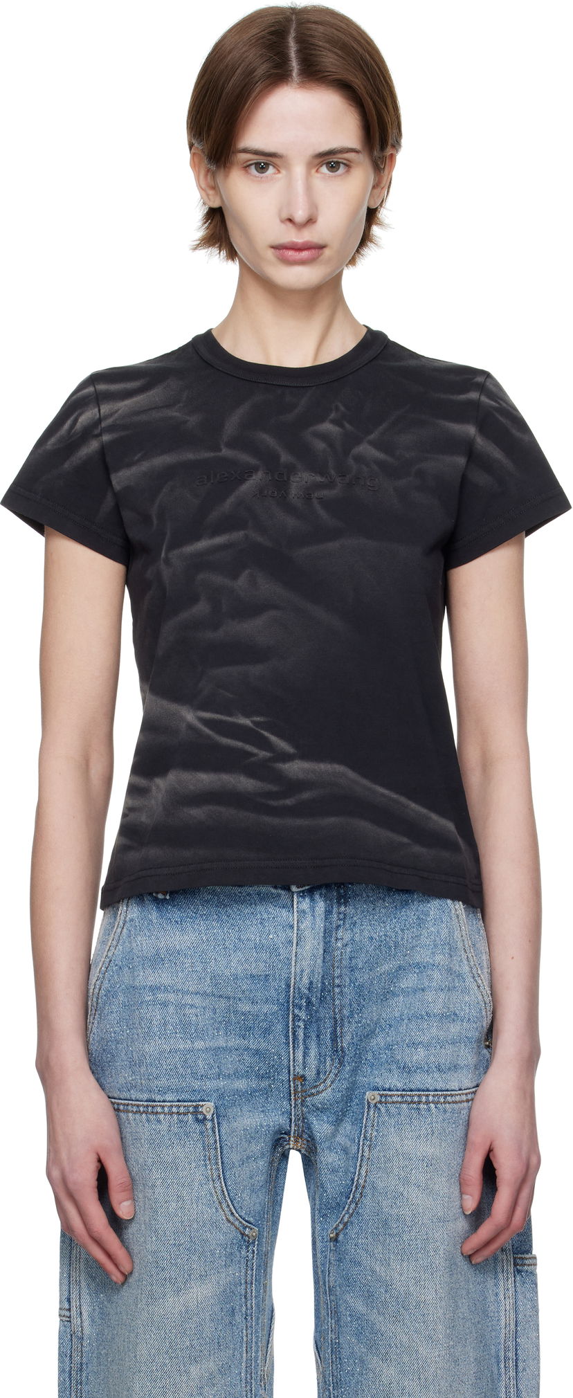T-shirt Alexander Wang Alexander Wang Distressed Logo Shrunken T-Shirt Svart | 1CC1251990