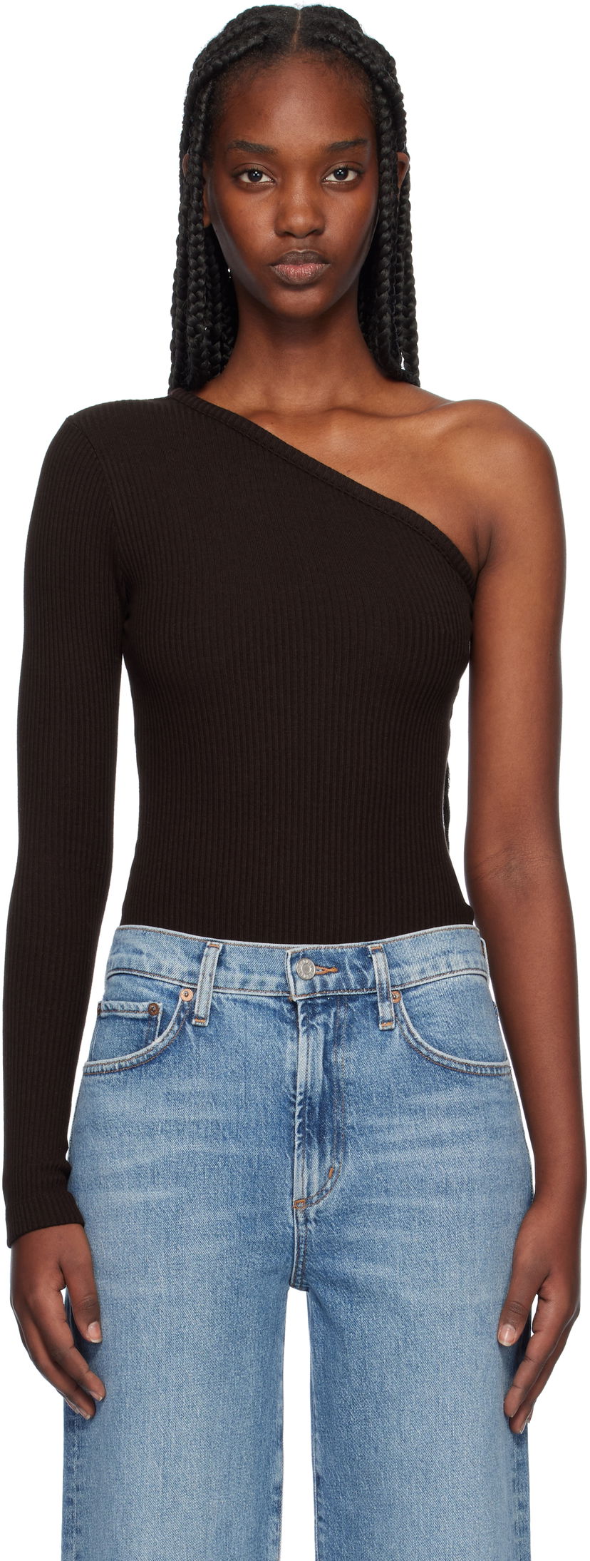 Linne AGOLDE One Shoulder Ribbed Bodysuit Svart | A7293-3048