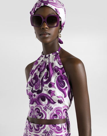 Linne Dolce & Gabbana Dolce & Gabbana Majolica-Print Charmeuse Halter Tie Top Purpur | F7BA8THPAE2H15DQ, 3