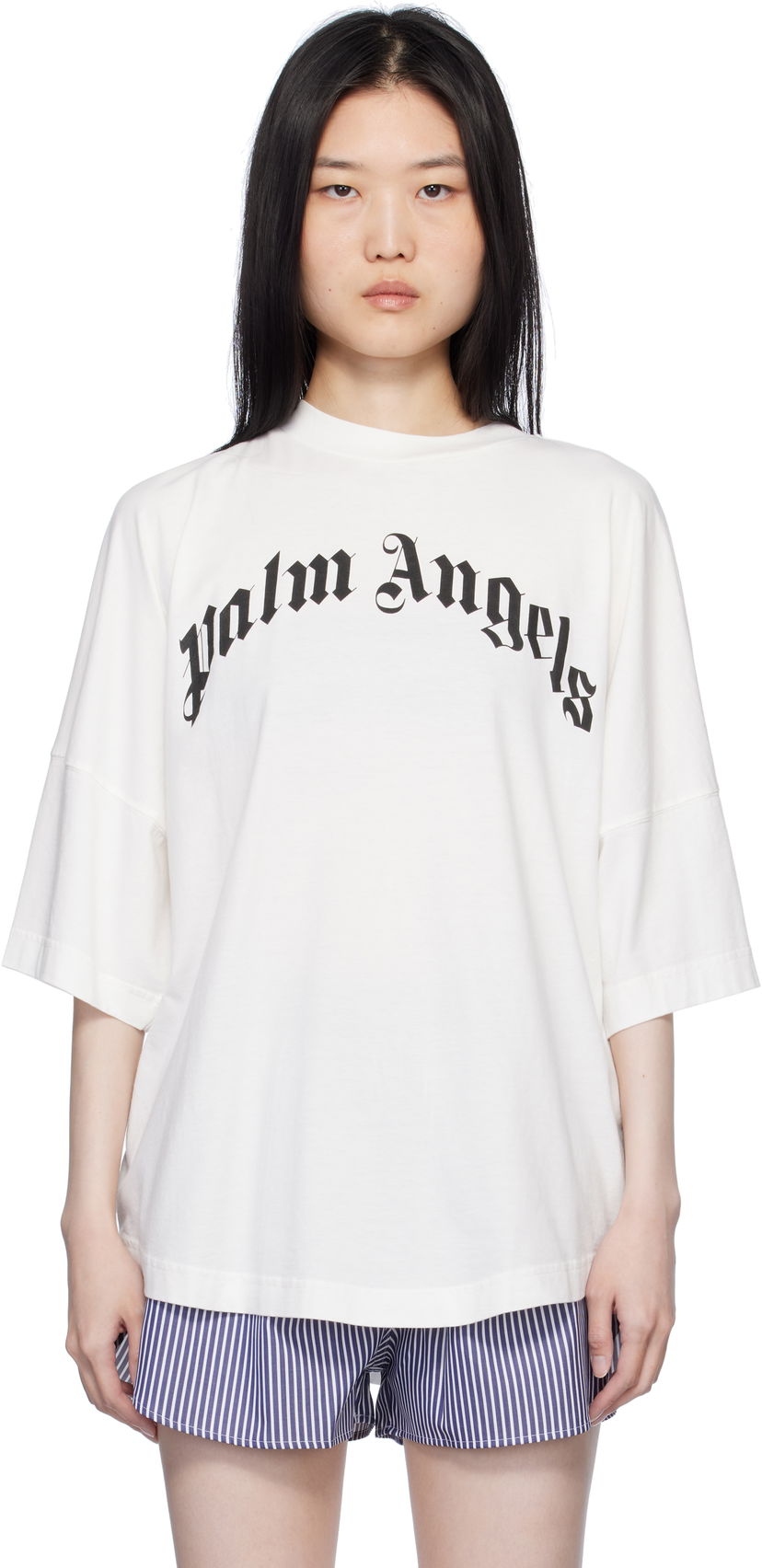 T-shirt Palm Angels Curved Logo Loose T-Shirt Vit | PWAA023S25JER0010310