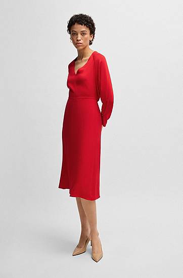 Klä BOSS V-Neck A-Line Dress with Button Cuffs Röd | 50533966, 1