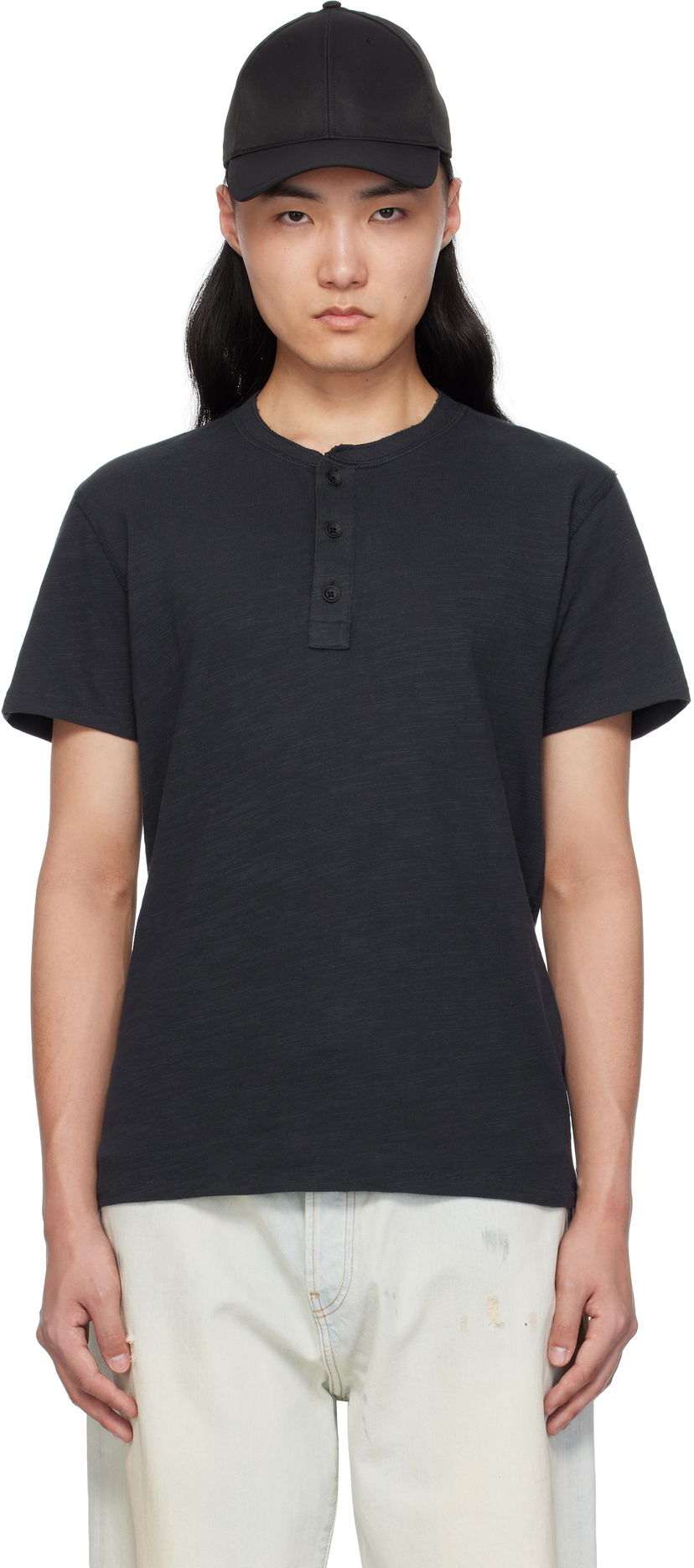 T-shirt rag & bone Rag & Bone Classic Cotton Henley T-Shirt Svart | M000T906G