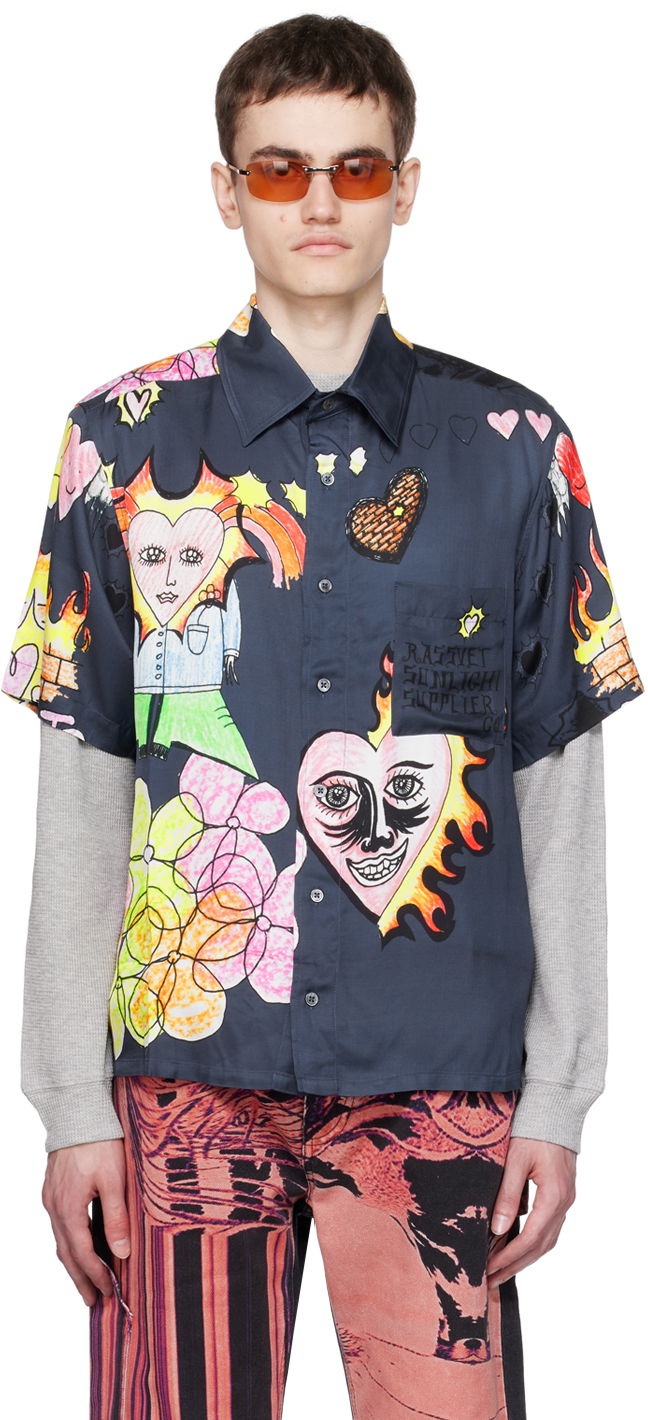 Skjorta PACCBET Drawings Short Sleeve Button Up Shirt Mörkblå | PACC12B005
