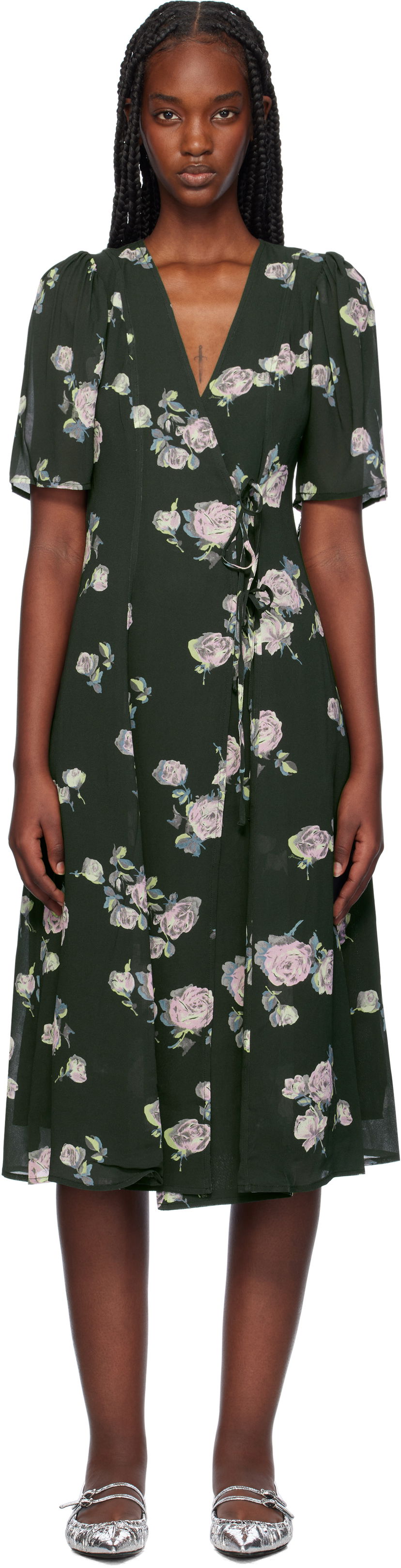 Klä GANNI Floral Crepe Wrap Midi Dress Grön | F9504