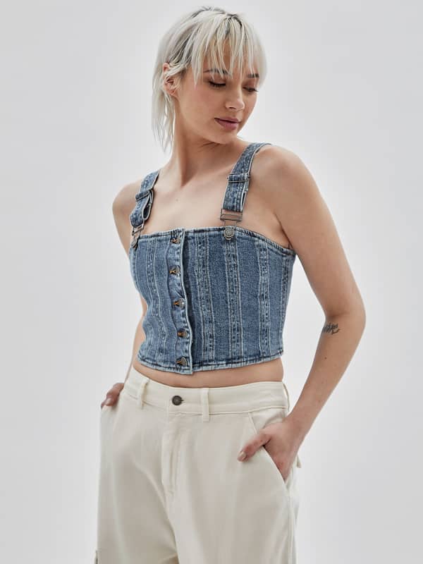 Crop top GUESS Originals Front Buttons Denim Bustier Mörkblå | W3YG25D4ON0, 0