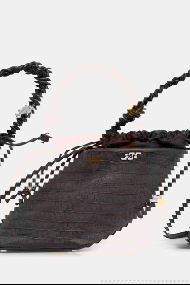 Handväska GANNI Bou Braided Handle Crocodile-Embossed Drawstring Bucket Bag Brun | A6697, 0