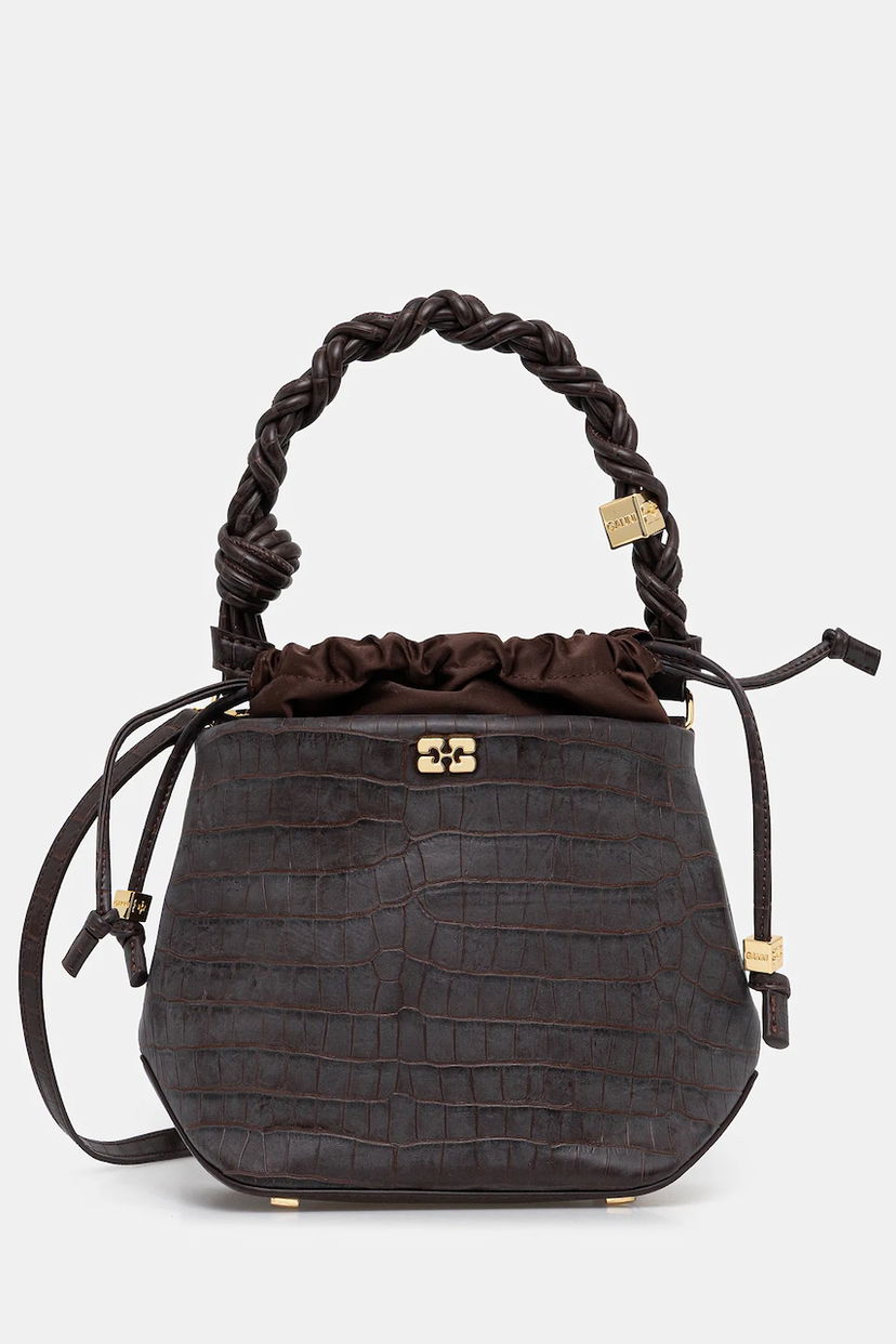 Handväska GANNI Bou Braided Handle Crocodile-Embossed Drawstring Bucket Bag Brun | A6697