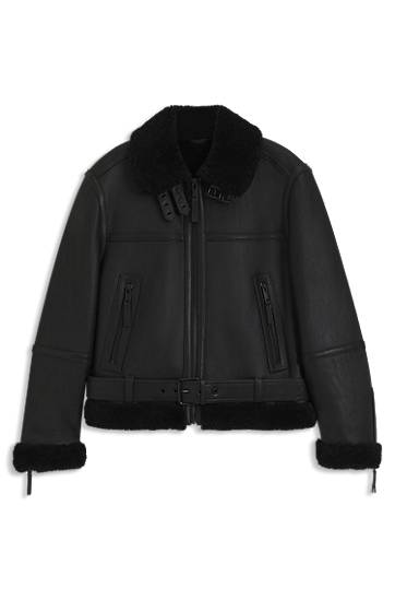 Jacka BOSS Aviator Leather Jacket with Shearling Trims and Belted Waist Svart | 50546494, 0
