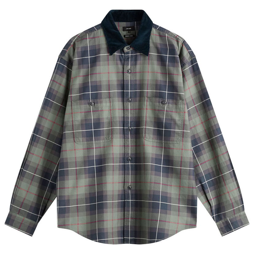 Skjorta BEAMS Corduroy Collar Check Work Shirt, Size Small Grön | 1111-1242-803-67