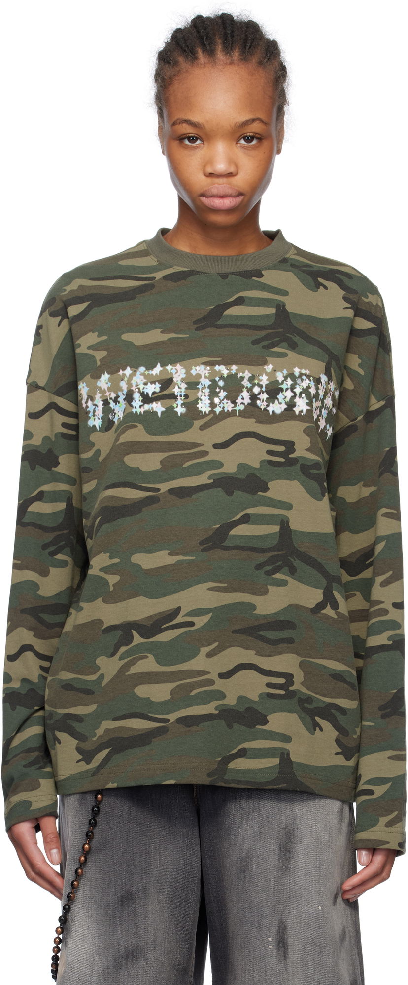 T-shirt We11done We11done Sparkle Logo Camo Long Sleeve T-Shirt Grön | WD-TT0-25-742-U-MX