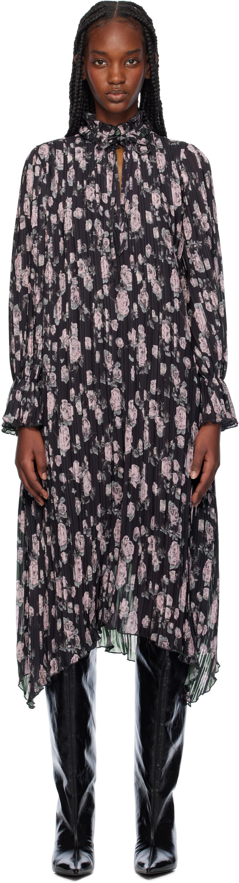 Klä GANNI Floral Print Pleated Midi Dress Svart | F9551
