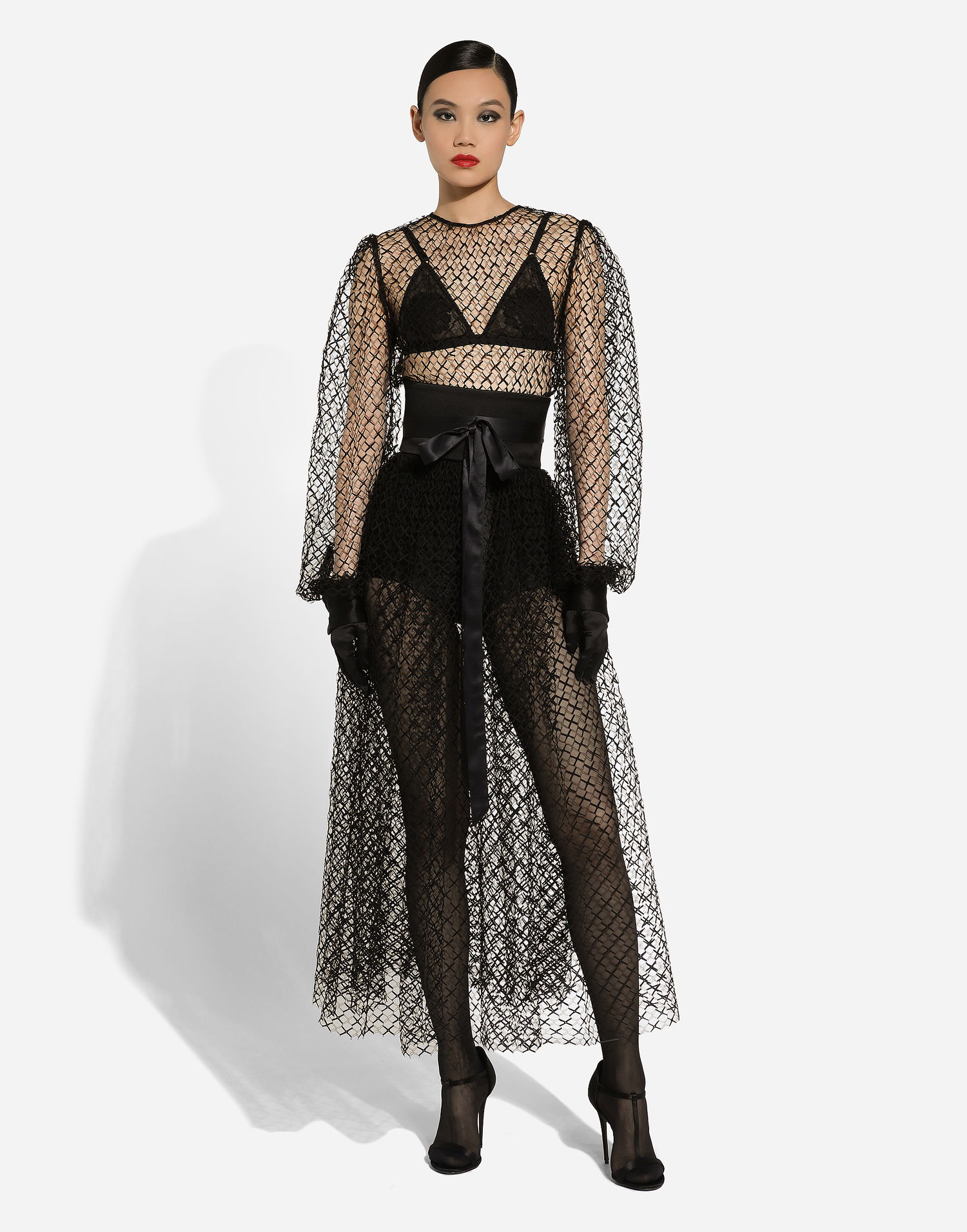 Klä Dolce & Gabbana Dolce & Gabbana Calf-Length Mesh Dress with Belt Svart | F6JOITILMBEN0000, 1
