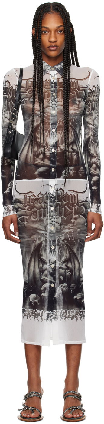 Klä Jean Paul Gaultier Jean Paul Gaultier 'The Diablo' Print Mesh Midi Dress Vit | 24/25-F-RO095-T546-0100