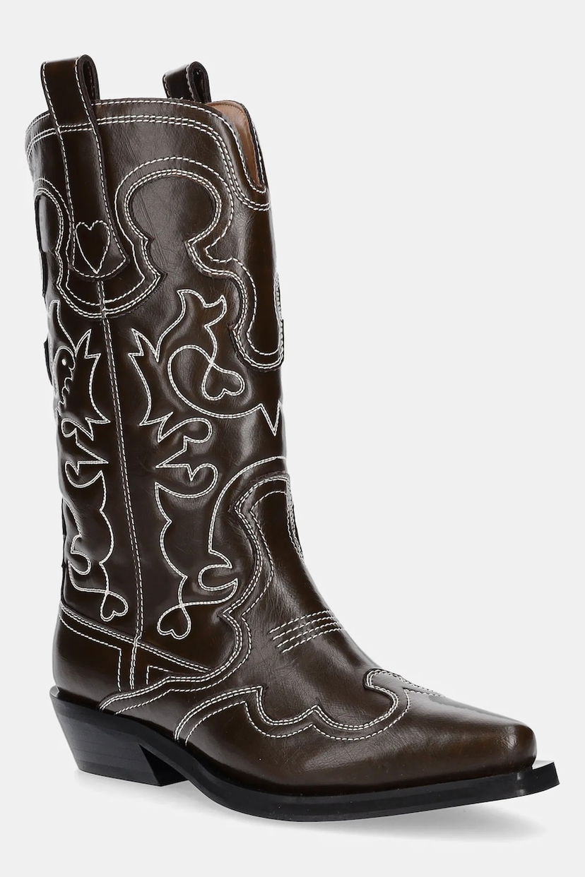 Sneakers och skor GANNI GANNI Mid Shaft Embroidered Western Boots Brun | S3112