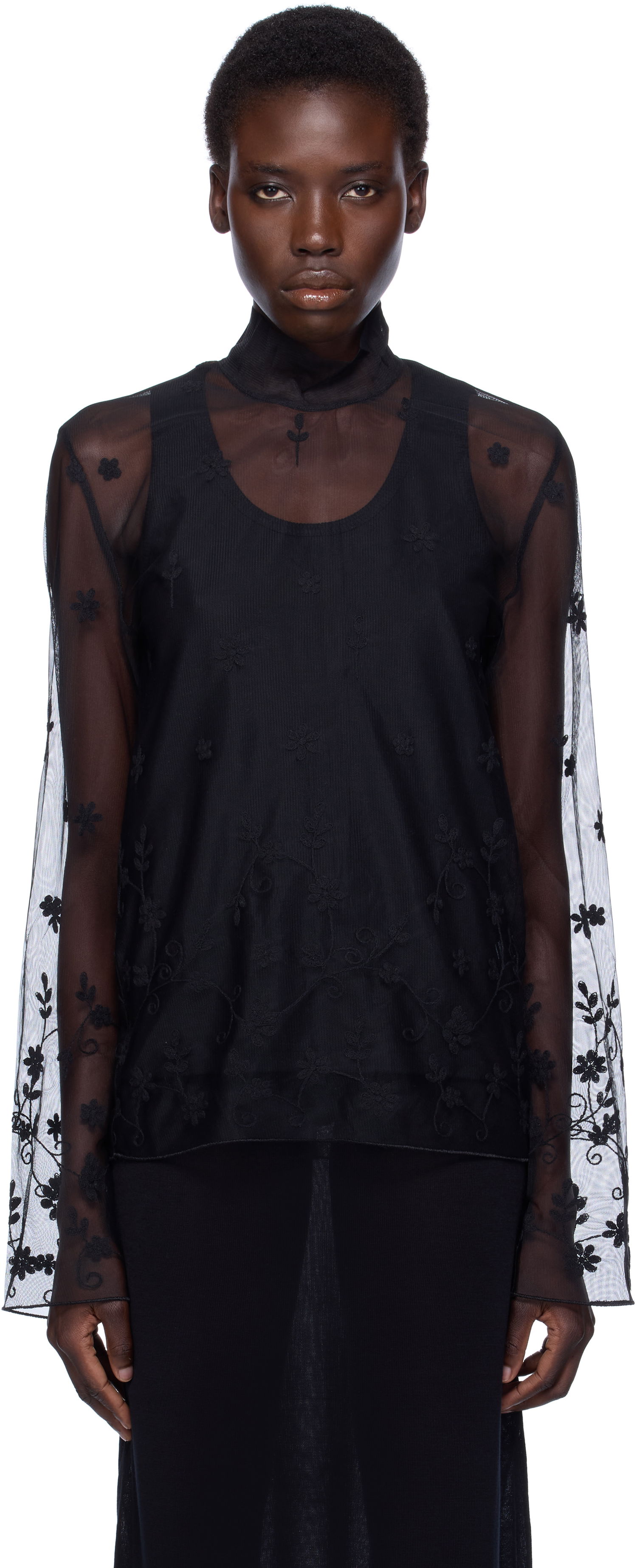 Skjorta TOTEME TOTEME Floral Tulle Mock Neck Blouse Svart | 253-WRT0546-FB0431, 0