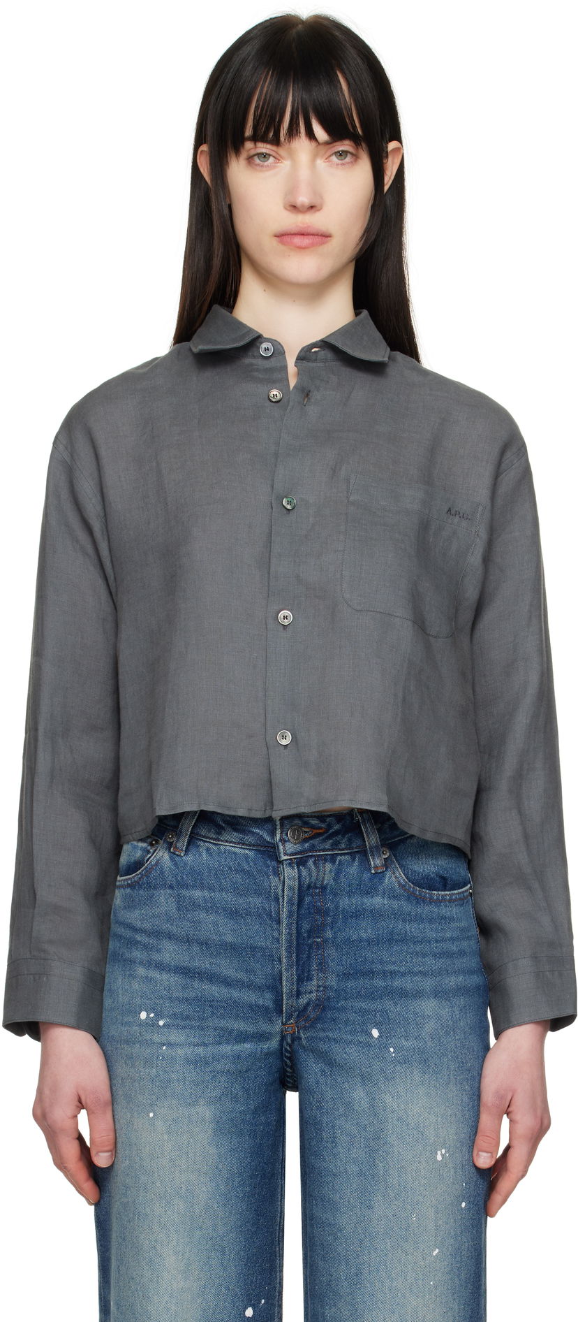 Skjorta A.P.C. A.P.C. Sophie Cropped Linen Shirt Grå | LIAEK-F12627