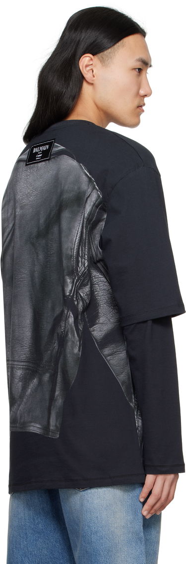 T-shirt Balmain Balmain Long Sleeve Biker Jacket Graphic T-Shirt Svart | EH1EM016GE40, 2
