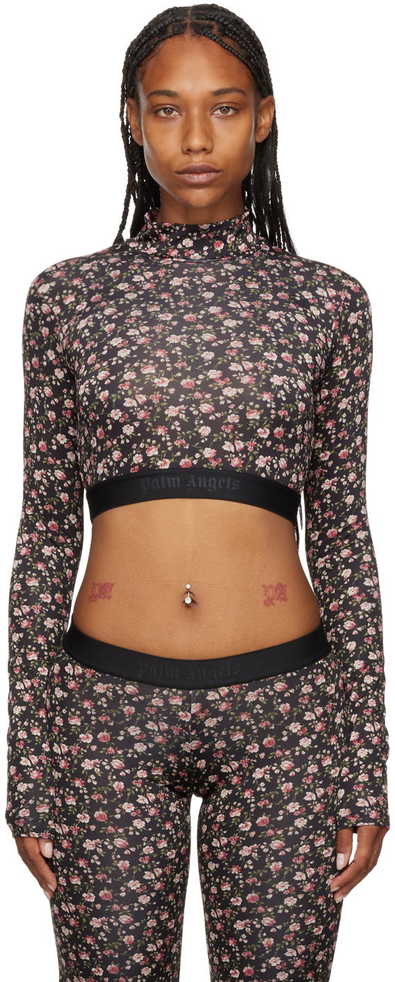 Crop top Palm Angels Floral Print Long Sleeve Crop Top Svart | PWAD040F22FAB0031030