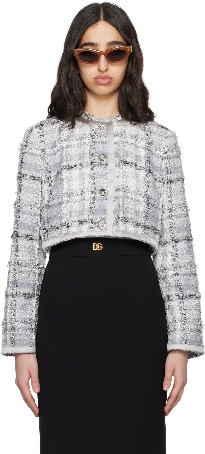 Jacka Dolce & Gabbana Dolce&Gabbana Short Check Lurex Raschel Tweed Jacket Grå | F27DQT FQZAE