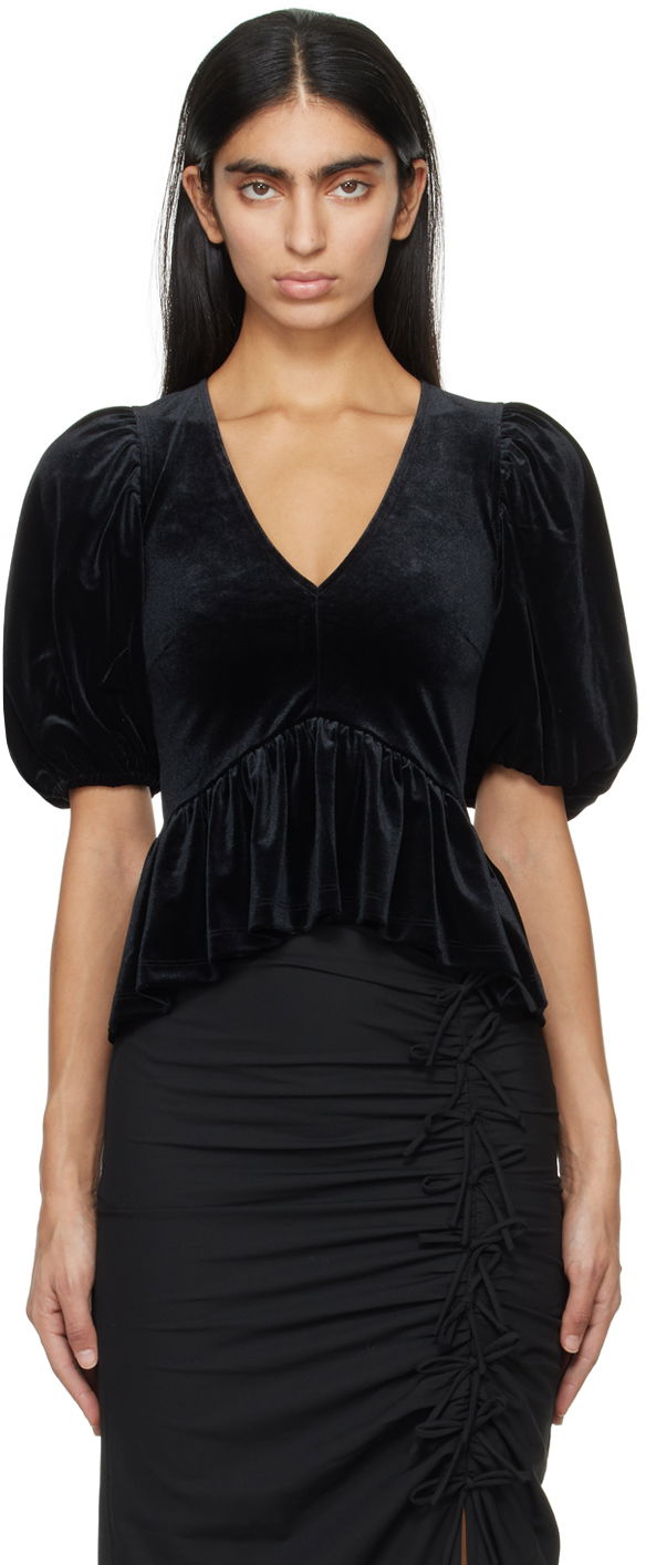 Skjorta GANNI Velvet V-Neck Peplum Top Svart | T3835