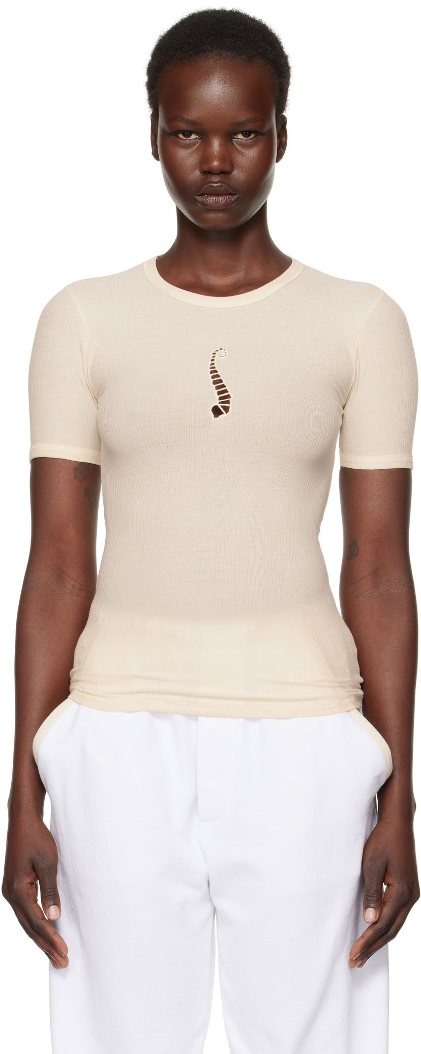 T-shirt Baserange Baserange Tower Cutout Ribbed T-Shirt Beige | TOTWS-RB-SP25