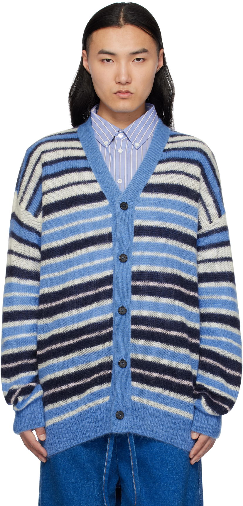Sweater Marni Marni Lightweight Fuzzy Wuzzy Stripe Cardigan Blå | CDMG0153Q0 UFU178